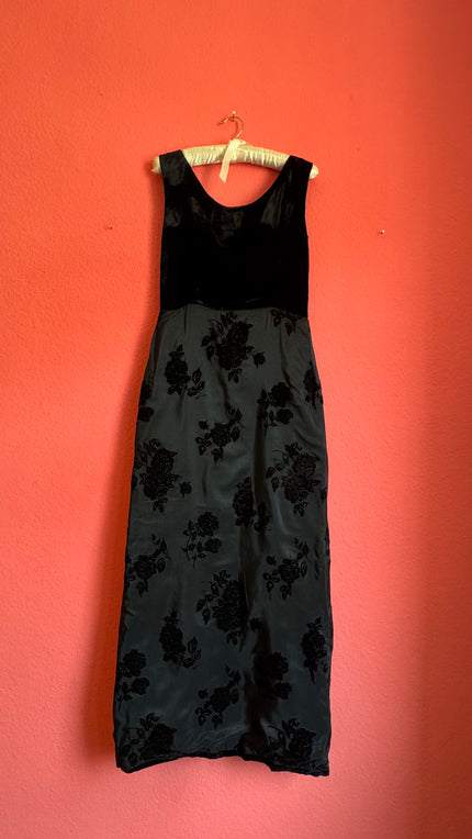 Vintage 1990s Black Velvet and Grey Flocked Rose Maxi Dress by Blanes London