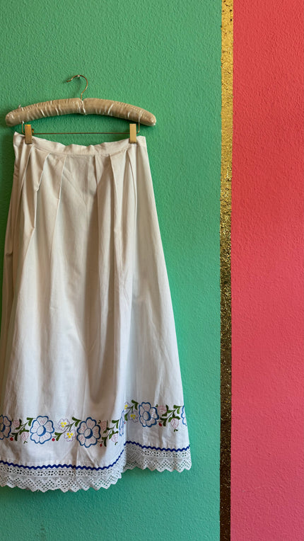 Vintage 1970s White Cotton Embroidered Folk Maxi Skirt