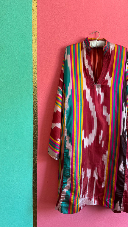 Vintage 1970s Multicolor Silk Ikat-Style Kaftan Dress
