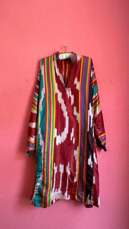 Vintage 1970s Multicolor Silk Ikat-Style Kaftan Dress