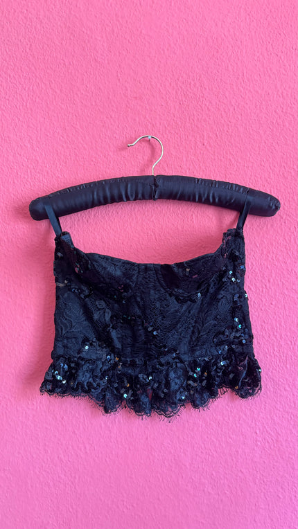 Vintage 1990s Black Lace Sequin Corset Top