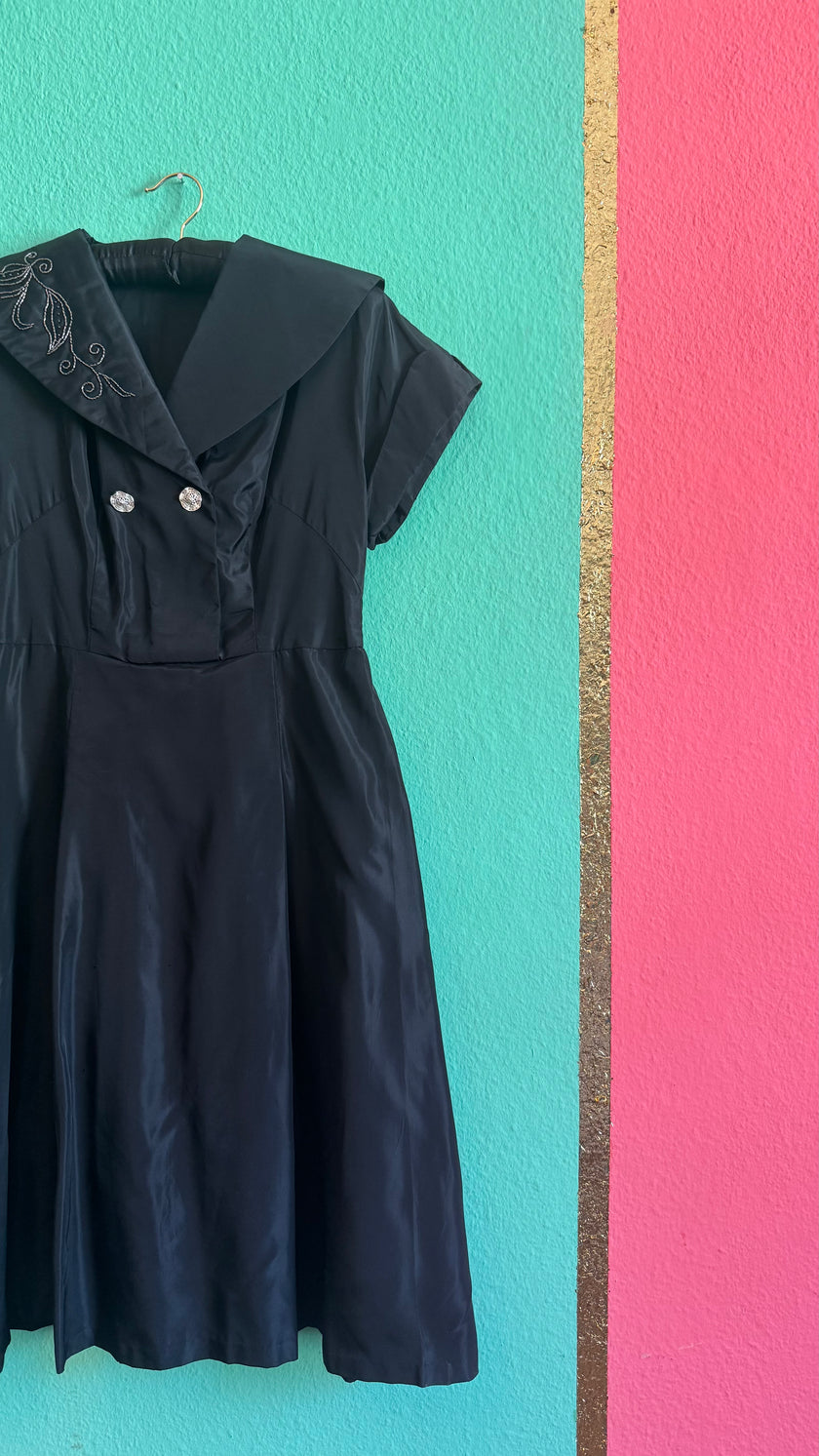 Vintage 1940s Black Silk Faille Sailor Collar Dress
