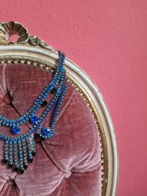 Sapphire Blue & Jet Crystal Draped Statement Necklace – Vintage Rhinestone Bib