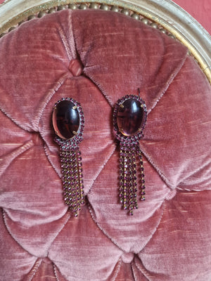 Burgundy Cabochon & Rhinestone Fringe Earrings – Vintage Dramatic Drop