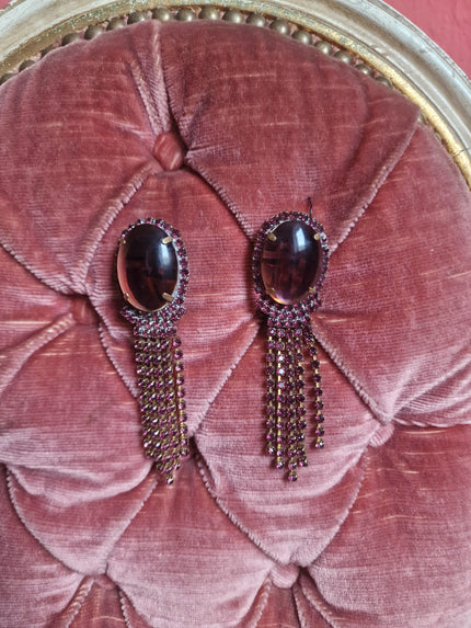 Burgundy Cabochon & Rhinestone Fringe Earrings – Vintage Dramatic Drop