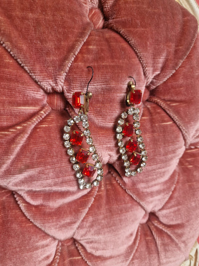 Ruby Red Crystal & Rhinestone Drop Earrings – Vintage Geometric Statement