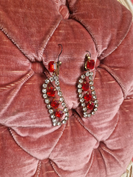 Ruby Red Crystal & Rhinestone Drop Earrings – Vintage Geometric Statement