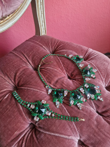 Emerald Crystal Statement Necklace & Bracelet Set – Vintage Glamour Rhinestone Parure