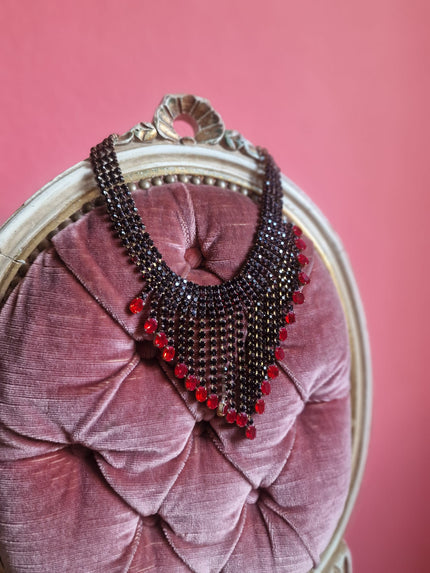 Garnet & Ruby Red Crystal Fringe Statement Necklace – Vintage Dramatic Bib